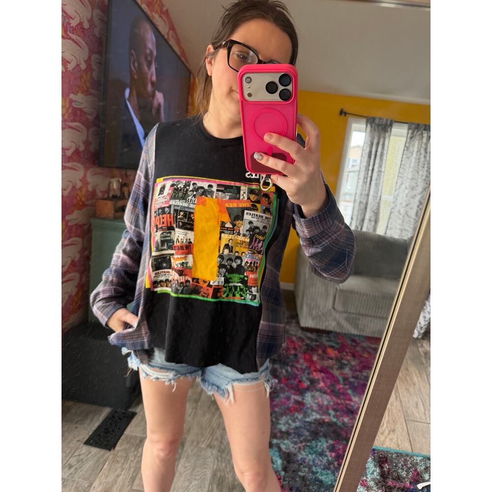 The Bettles upcycled custom flannel shirt / tshirt combination black graphic tee